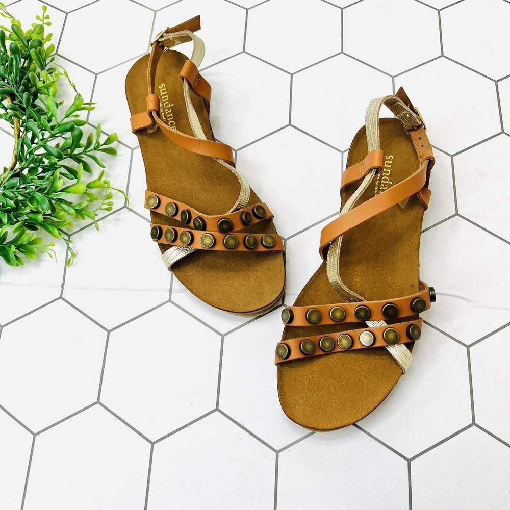 NEW Sundance Studded Gold Metallic Strapy Cork Sandals Ankle Straps 7 (38)